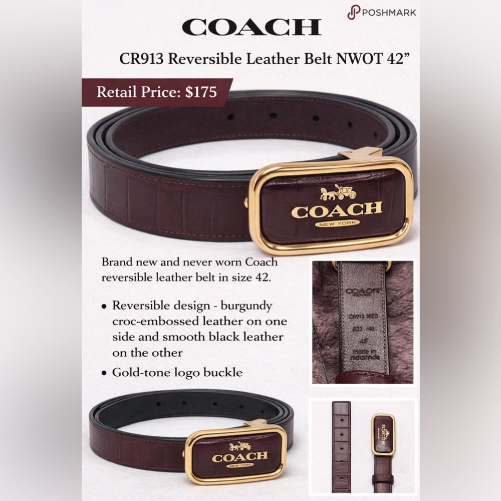 NWOT Coach Reversible Dark Burgundy Leather Belt with Gold Buckle